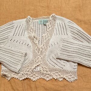 Anthropologie Cream Cropped Crochet-Trim Knit Cardigan